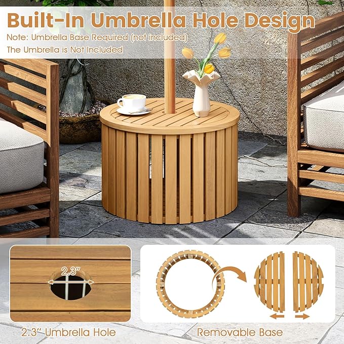 Tangkula 2-in-1 Outdoor Side Table with Storage, Acacia Wood Slatted Coffee Table with Umbrella Hole & Removable Base, Round Slatted End Storage Box for Backyard, Poolside