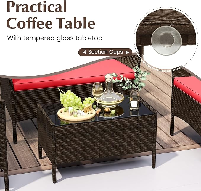 Tangkula 4 Piece Patio Rattan Conversation Set, Outdoor Wicker Furniture Set with Chair, Loveseat & Tempered Glass Table, Cozy Seat Cushions, Outside Sectional Sofa Set for Backyard, Porch (1, Red)