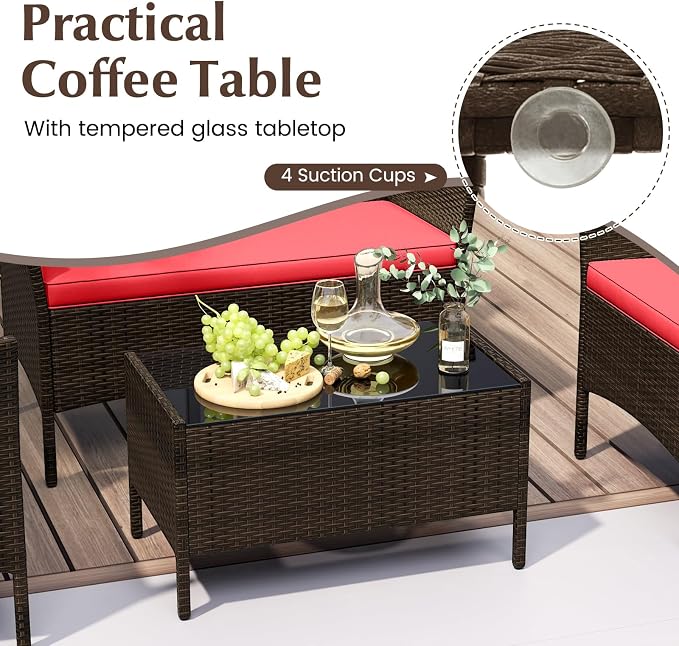 4 Piece Patio Furniture Set, Sectional Conversation Sofa Set with Glass Coffee Table, Cushions & Loveseat, Wicker Outdoor Table and Chairs for Pool, Garden, Deck, Backyard (2, Red)
