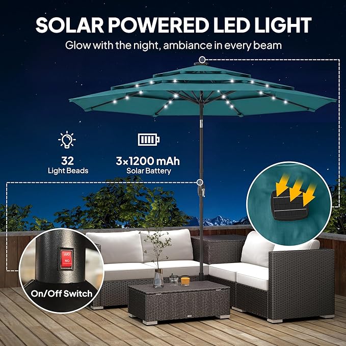 Outsunny 9.7 ft Outdoor Patio Umbrella with 32 Solar LED Lights, 3 Tier Outdoor Table Market Umbrella with Tilt and Crank, 8 Ribs for Garden, Deck, Yard, Poolside
