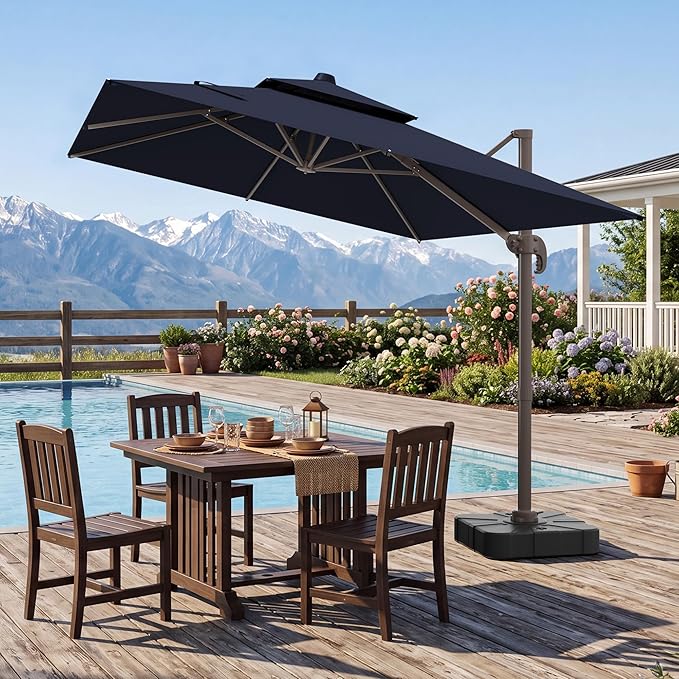 10x10 FT Patio Cantilever Umbrella (Base Not Included) (Base Not Included), Rectangular Heavy Duty Offset Umbrella for 6-8 People, 360°Rotation & Mult Tilt, Double Top Design, for Pool Garden Deck (Navy)