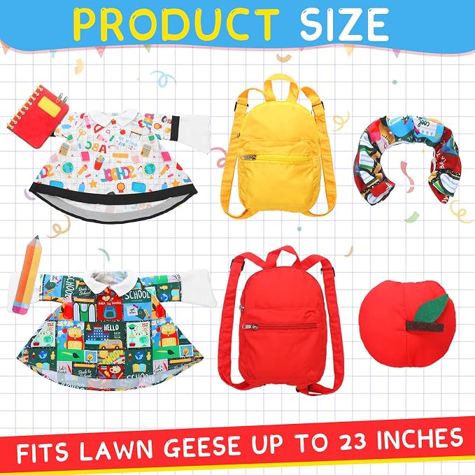 Abbylike 2 Set Back to School Porch Goose Outfit First Day of School Yard Goose Costume Clothes with Bag Pencli and Notebook Fits Large 23'' Cement for Garden Pathway Statue Decor