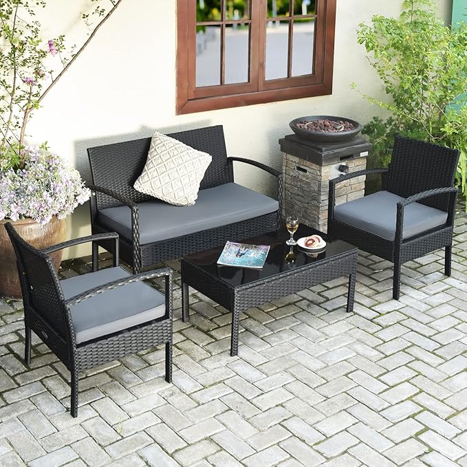 Tangkula 8-PCS Wicker Patio Conversation Furniture Set, Outdoor Rattan Chair and Table Set, Patio Furniture Sets with Coffee Table & Washable Cushions for Courtyard Balcony Garden (2, Black)