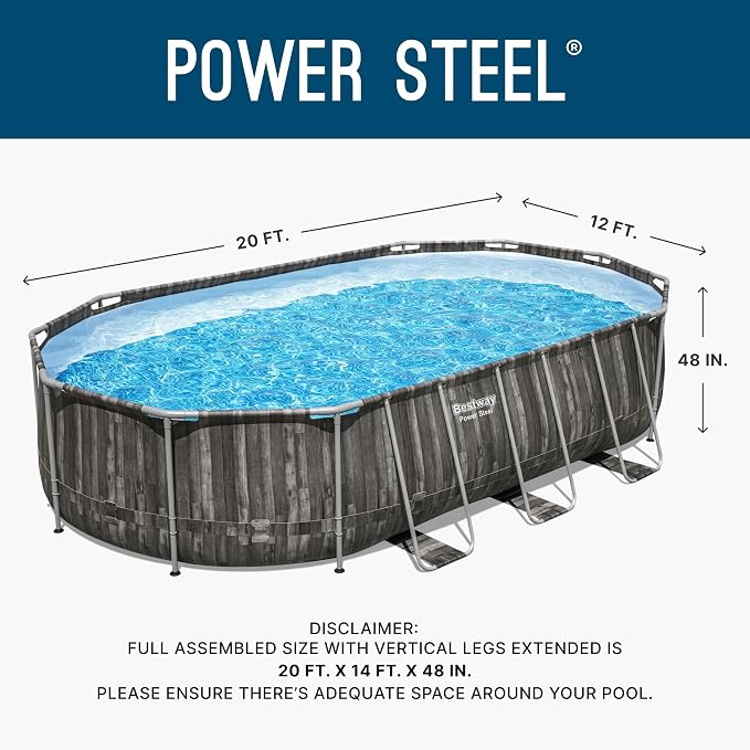 Bestway Power Steel 20’ x 12’ x 48” Above Ground Pool, Oval Metal Frame Outdoor Swimming Pool Set with Filter Pump, Ladder, and Cover