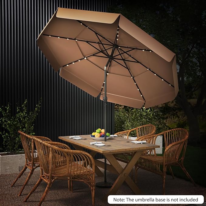 Tangkula 10 FT Solar LED Patio Umbrella, 3-Tiers Scalloped Outdoor Table Market Umbrella with 32 LED Lights, Tilt Adjustment, Crank, 8 Sturdy Ribs for Pool, Deck, Backyard (Tan)