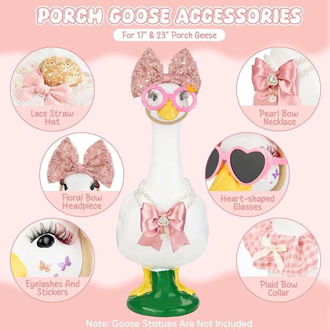 Porch Goose Statue 8pc Accessory Combination Set, Pink Goose Accessories Kit with Glasses Bow Hat Necklace Stickers for 23 Inch Goose, Cute Girl Style Yard Decor (Pink Girl 8PC)