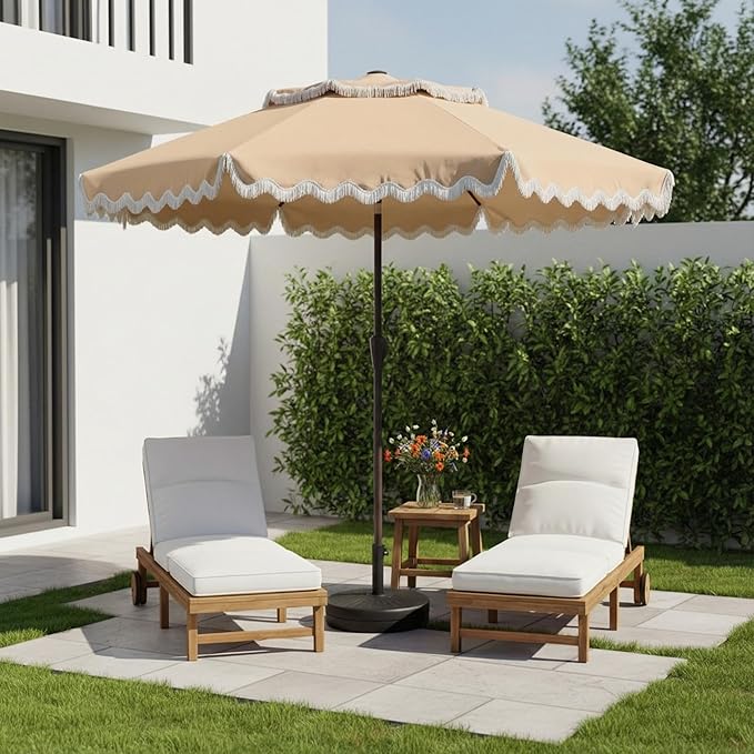 9FT Patio Umbrella with Fringe,Tassel Umbrella with Push-Button Tilt | UPF 50+ & Rust-Resistant Fiberglass Frame for Patio, Pool,Garden,Yard(Khaki)