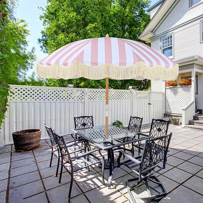 Table Umbrella Windproof 6.5ft Boho Beach Umbrella With Fringe UV50+Tassel Umbrellas Portable Outdoor Umbrella With Carry Bag Pink White Striped Patio Umbrella Tilting Wood Pole for Garden Pool