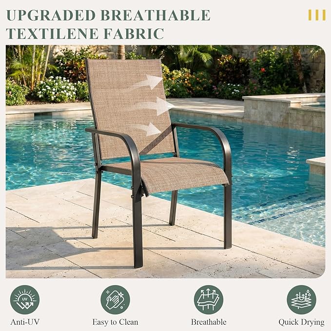 9 Pieces Patio Table and Chairs Set, 75.6" Metal Dining Table with Umbrella Hole & 8 Textilene Fixed Chairs, Dining Table Set for 8, Outdoor Furniture for Porch Deck Backyard Balcony, Brown