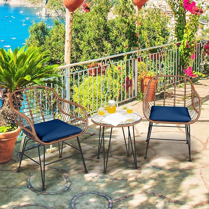 DORTALA 3 Piece Patio Bistro Set, Outdoor Wicker Furniture with Round Tempered Glass Top Table & 2 Rattan Armchairs, Cushions, Conversation Set for Porch, Backyard, Garden, Navy