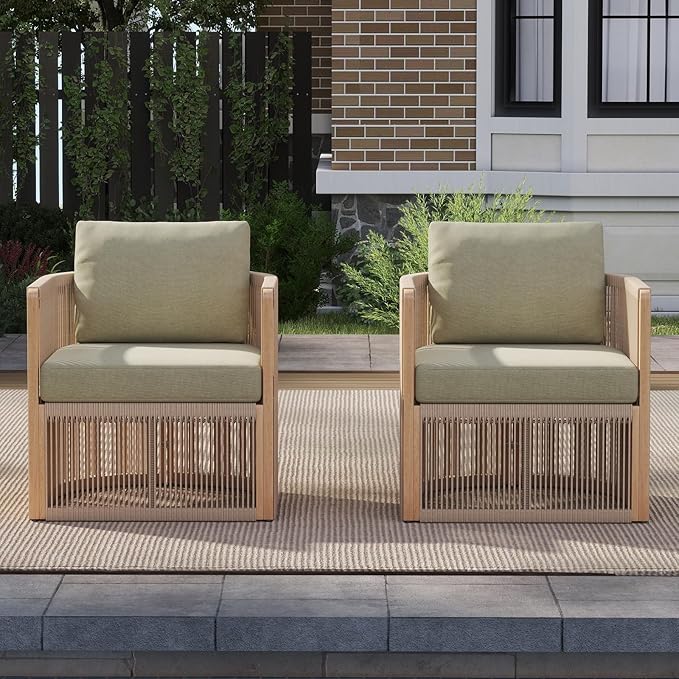 Patio Lounge Chairs Set of 2, Rope Patio Furniture Set with Cushions, Outdoor Aluminum Conversation Set, Outdoor Chair Set for Porch, Garden, Deck, Balcony, Green