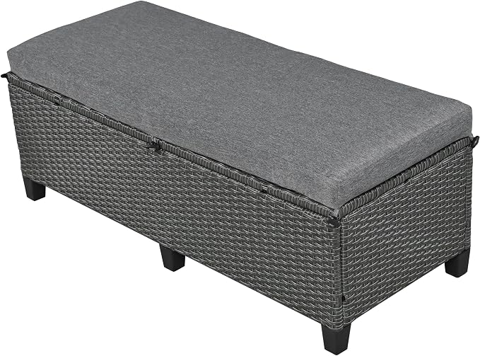 GDFStudio Brava Patio 5-Piece Conversation Set, Outdoor Rattan Sectional Sofa Set with Extendable Side Tables, Dining Table and Bench, L Shaped PE Wicker Furniture Set for Garden, Poolside, Grey