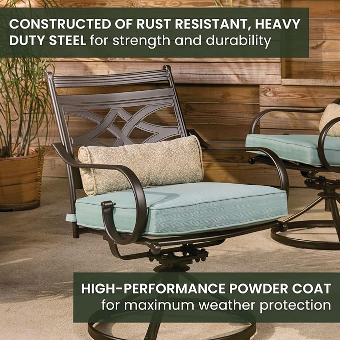 Hanover Montclair 5-Piece Outdoor Dining Set with Stamped Steel Square Dining Table and 4 Swivel Rocker Chairs with Cushions, Weather-Resistant Patio Dining Set for 4, Patio, Backyard, Deck