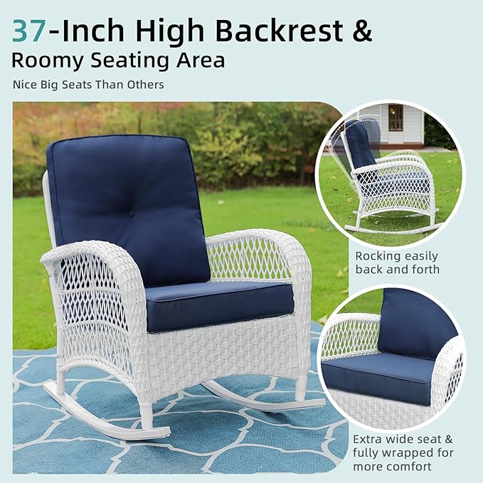 MEETWARM 4 Pieces Outdoor Wicker Patio Conversation Sets with Glider Loveseat, 2 Chairs with Coffee Table Wicker Rocking Chair Set, Patio Furniture Set with Thickened Cushions, White/Navy