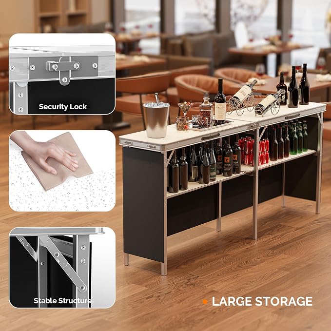 VINGLI 43" Portable Bar Table, 3-Tier Shelves, Carry Bag，Mobile Bar Table for Events, Party, Camping, Picnic, Tradeshow, Outdoor & Indoor with Black Skirt(2, 43") (2) (White, 78")