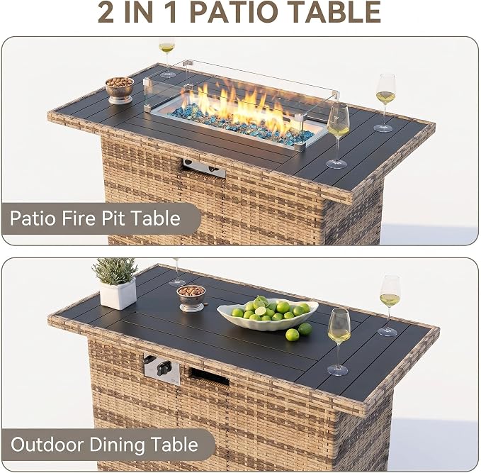 UDPATIO Patio Furniture Set with Fire Pit Table, L-Shaped 8" Armrest Sectional Set, All-Weather PE Rattan Conversation Furniture w ‌Thick Cushions, Coffee Table for Outdoor Backyard Porch Grey