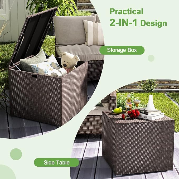 HAPPYGRILL Outdoor Storage Deck Box, 72 Gallon Square Wicker Patio Rattan Storage Container with Zippered Liner & Safe Pneumatic Rod, Outdoor Wicker Deck Box for Garden Tools Cushions