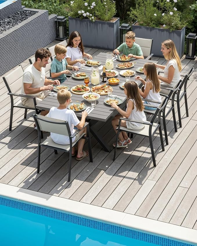 Extendable Patio Dining Set for 8, Never-Rust Aluminum Outdoor Dining Set with 2 Swivel Chairs, Expandable Dining Table and 6 Double-Layer Textilene Chairs, Patio Furniture Set, Limed Oak