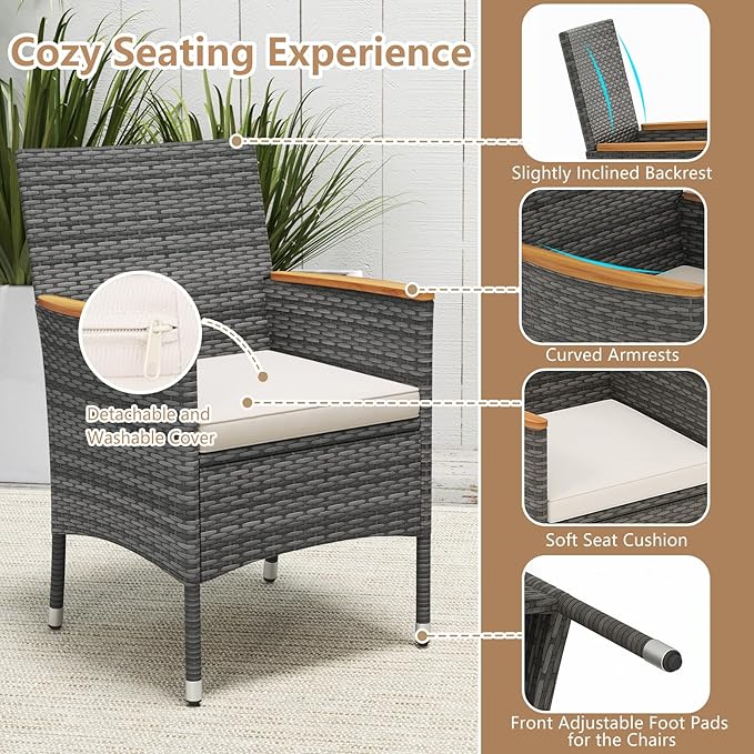 HAPPYGRILL 9 Pieces Patio Dining Set for 8, Outdoor Acacia Wood Table and Rattan Chairs with 2" Umbrella Hole, Cushions, Wicker Outdoor Dining Furniture Set for Backyard, Garden, Deck