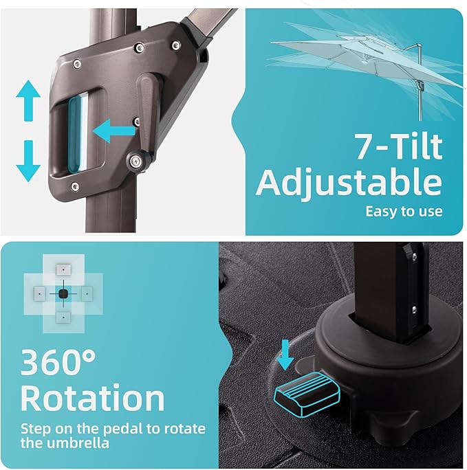 10x13 FT Patio Umbrella with LED Lights Cantilever Outdoor Large Heavy Duty Rectangle Aluminum Offset Umbrellas Double Top 360 Rotation 7 Tilt Adjustment for Pool Deck Garden, Turquoise