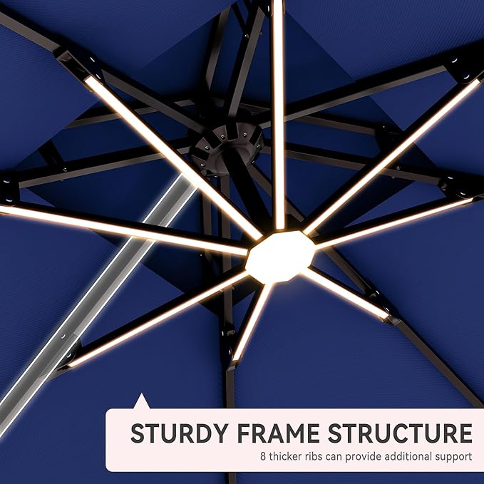 9' X 12' Cantilever Patio Umbrella with Led Lights Double Top Rectangular Outdoor Large Offset Umbrellas with 7 Tilts Adjustable 360°Rotation for Deck Pool Garden Backyard, Navy