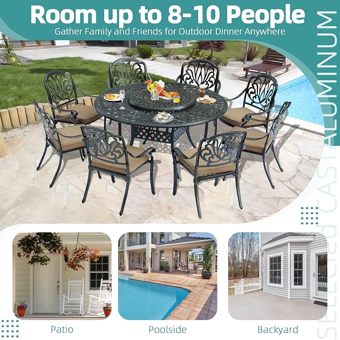 MEETWARM Outdoor 61" Round Patio Dining Table with Detachable Lazy Susan, All Weather Cast Aluminum Large Patio Furniture Table Fits for 6-8 Person with 2" Umbrella Hole, Smooth Spin, Dark Bronze