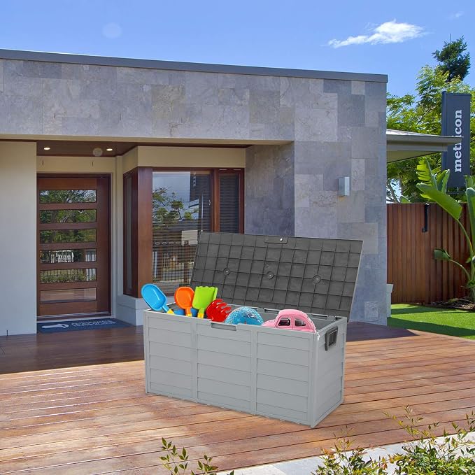 75 Gallon Outdoor Deck Box, Lockable Patio Outdoor Storage Box with Wheels, Waterproof Deck Storage Boxs for Furniture, Garden Tools Poolside and Tools Storage, Grey