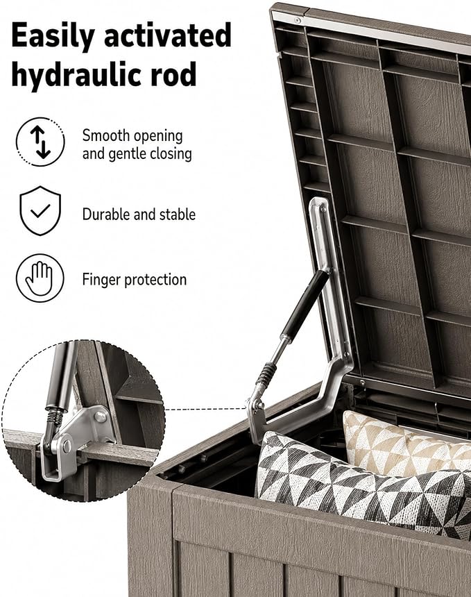 MAKINO 274 Gallon Large Waterproof Deck Box, Heavy Duty Resin Outdoor Storage Box, Outside Storage Bench with Hydraulic Rod for Patio/Cushions/Garden Tools/Backyard/Pool Accessories, Grey Brown