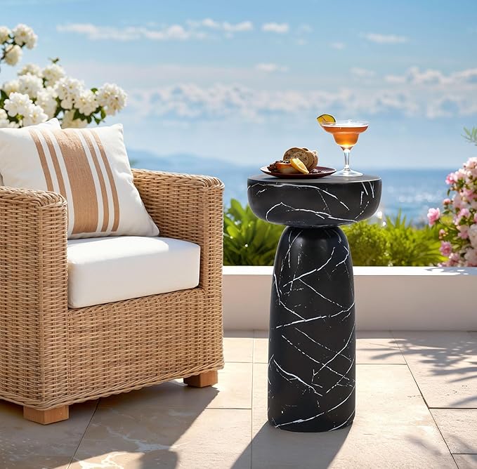 Marble Side Table, 24" Modern Accent Table with Pedestal Stand, Durable Faux Marble Side Table for Small Spaces, Marble Look Coffee Table Accent Drink Tables for Living Room Patio Balcony