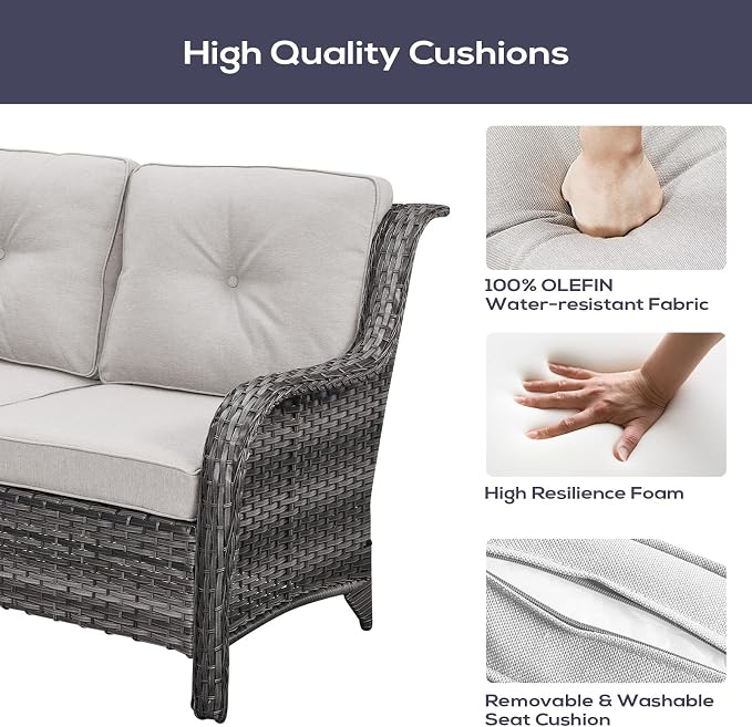 Belord Patio Furniture Set 6 Seats, Outdoor Swivel Rocker Patio Chairs, Oversized Outdoor Sectional Couch, Two 3-Seater Sofas with Coffee Table, Ideal for Porch, Deck, Mixed Grey Wicker/Beige