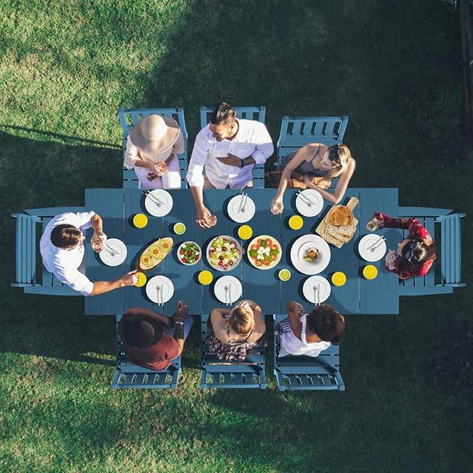 LOUNZY 9 Pieces Patio Dining Sets, Outdoor HDPE Furniture Set for 8 w/ 2" Hole Cut-Out Dining Table with 8 Patio Chairs(2 W/Armrest, 6 w/o Armrest), Navy