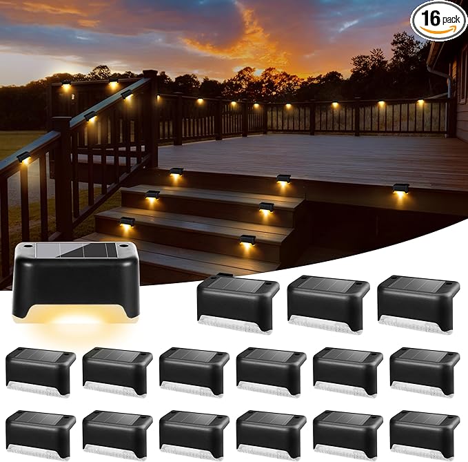Solar Deck Lights Outdoor 16 Pack Black, Solar Step Lights Waterproof Led Light for Outside Stair, Fence, Yard, Garden, Patio and Pathway(Warm White)