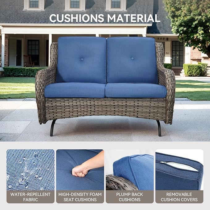 Patio Loveseat Glider Set, Resin Wicker Loveseat Glider with 4 Swivel Patio Chiars Coffee Table, 6 Piece Patio Conversation Set PE Rattan Loveseat Set, Grey Wicker|Blue Cushions