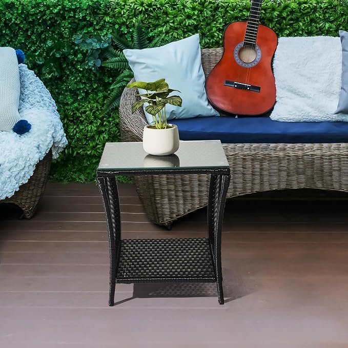 Bonnlo Outdoor Coffee Table, Small Garden Side Table with Glass Top and Shelf Underneath, Outside Patio Balcony, 46x46x50cm Black