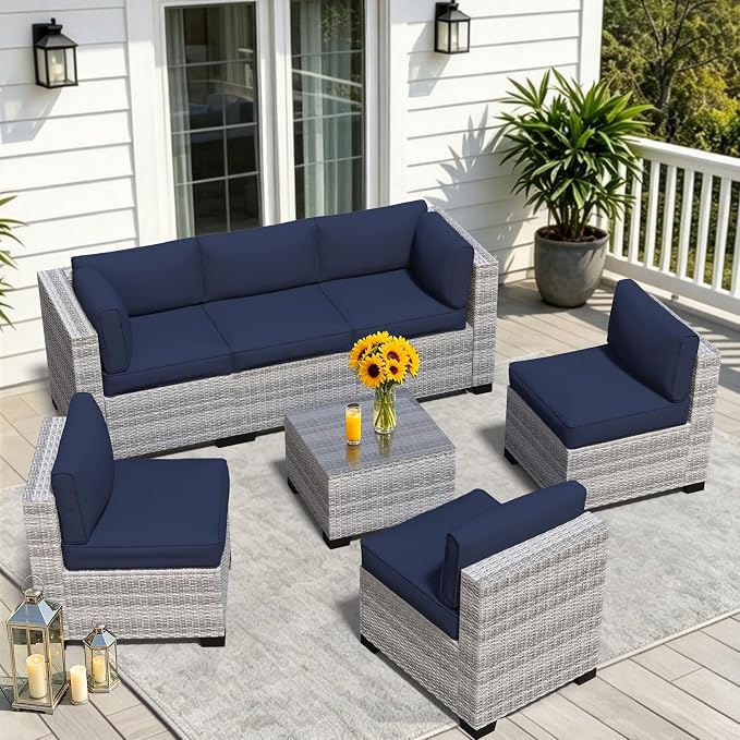 7 Pieces Outdoor Patio Furniture Set, Wicker Modular Sectional Sofa, All Weather Conversation Sets with Glass Table for Yard, Garden, Poolside, Off-White Rattan & Navy Blue Cushions