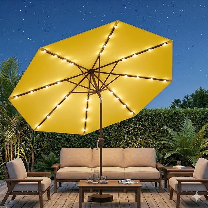 10FT Solar Patio Umbrella with Lights, Outdoor Table Market Umbrella with 32 LED Lights, 8 Sturdy Ribs, Push Button Tilt and Crank for Pool, Deck and Garden, UV-Resistant