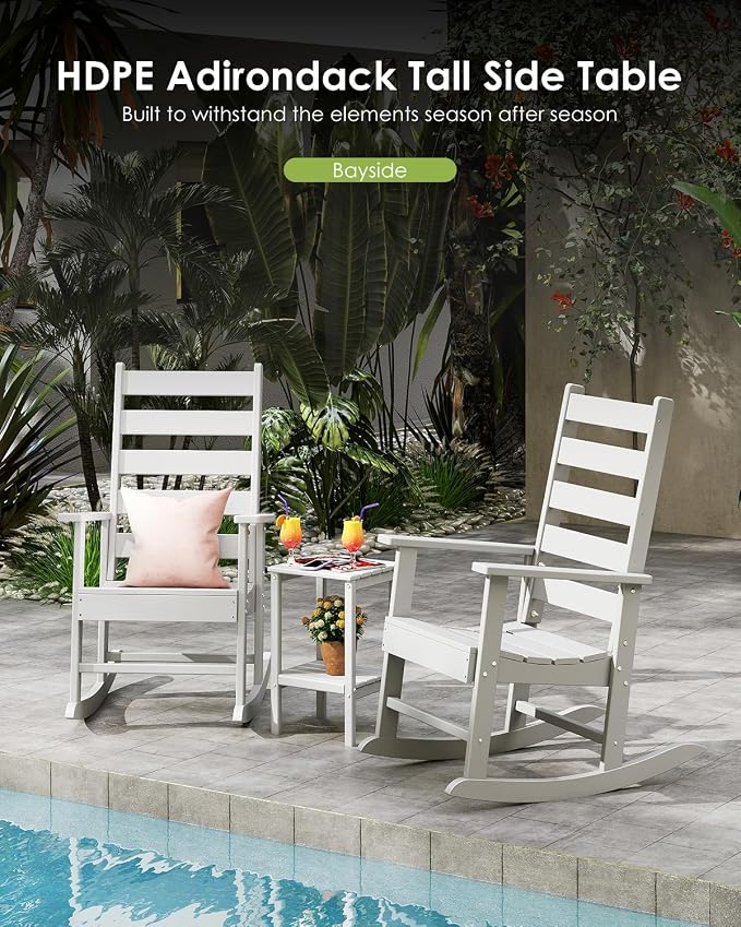 GREENVINES Tall-Outdoor-Side-Table | 23.5" | HDPE Plastic | Patio Adirondack End Tables | All Weather | 2-Tier | White | for Porch Garden Indoor & Rocking Chairs