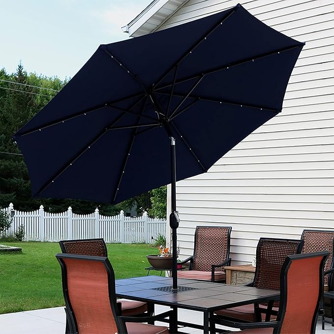 Sunnydaze 9 ft Outdoor Patio Umbrella with Solar Lights - Polyester LED Table Market Umbrella with Push-Button Tilt and Crank - Navy Blue