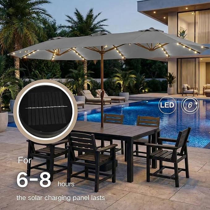 Kingdura 15ft Large Patio Umbrella with Solar Lights, Double-Sided Rectangle Lighted Outdoor Table Umbrella with Base Included, 12 Reinforced Ribs, 48 Led Lights, Crank Lift for Market Pool Deck Backyard, Light grey
