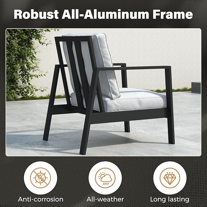 Solaste Aluminum Outdoor Patio Furniture Set, 5 Seats Water-Resistant Patio Conversation Set, Modern Metal Furniture Set with Coffee Table for Backyard Poolside Garden, Grey
