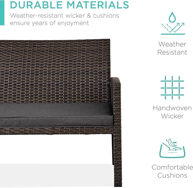 Best Choice Products 4-Piece Outdoor Wicker Patio Conversation Furniture Set for Backyard w/Coffee Table, Seat Cushions - Brown/Stone Gray