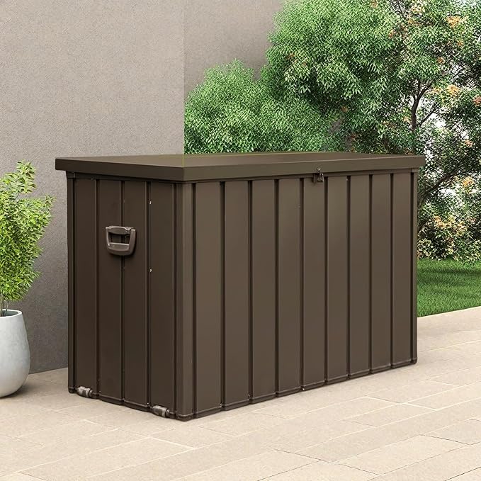ChicFurnit Outdoor Storage Box, 200 Gallon Deck Box with Lockable Metal Lid & Portable Side Handles, Outdoor Storage Bin with Stable Support Rod, Soft Close Mechanism & Mobility Rollers, Dark Brown