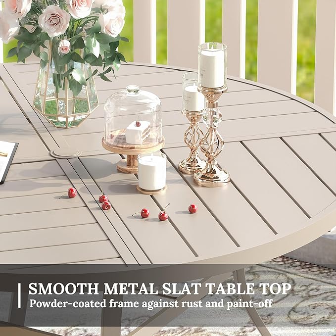 VICLLAX Patio Dining Set for 6, 6 Seats Outdoor Furniture Includes 50.1" Round Patio Table and Swivel Padded Chairs, Sandshell Color Tabletop and Fabric