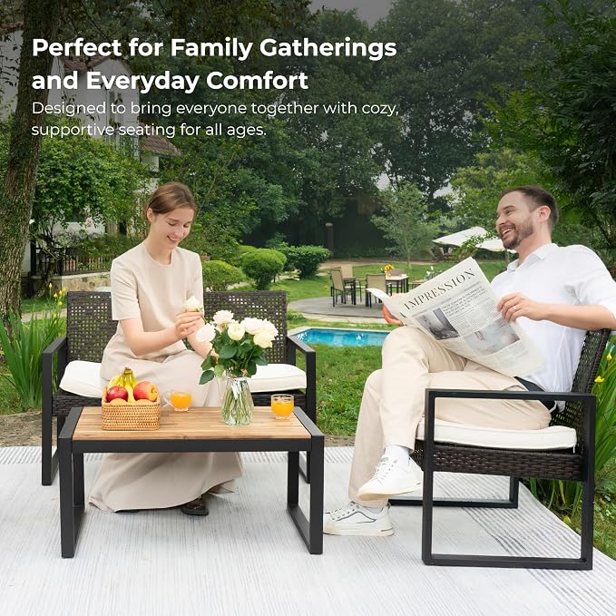 LUMISOL 4-Piece Outdoor Wicker Patio Conversation Furniture Set for Backyard, Wicker Conversation Set Outdoor with Acacia Wood Table Top, Brown