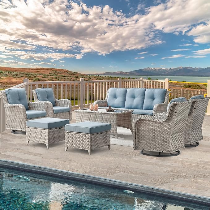 Belord Wicker Patio Furniture Sets - 8 Piece Outdoor Rattan Furniture Conversation Sets with 4 Swivel Rocker Chairs, Outdoor Sofa, Wicker Ottomans and Coffee Table, Light Grey/Baby Blue