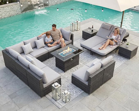 NICESOUL 13 Piece Outdoor Sectional w/Fire Pit Table, Luxury Modular Patio Furniture Set w/Chaise Lounge, Plus 29.3'' High-Back Seating Sofa, All-Weather Deck Couch for Poolside, Yard, Light Grey