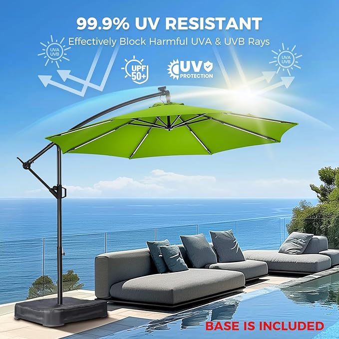 HOMSHADE 10ft Solar Lights Offset Cantilever Patio Umbrella - with Light and Base, LED Lighted Offset Hanging Patio Outdoor Market Umbrella UPF50+ UV Protection with Easy Tilt and Crank (Green)