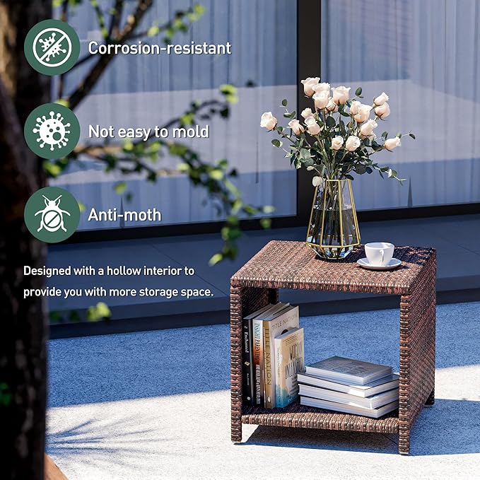 5 Piece Patio Furniture Set, All-Weather Patio Furniture with Soft Cushions, PE Wicker Patio Sofa Set with Coffee Table and Ottoman, for Outdoor, Porch, and Balcony (Beige-Brown)