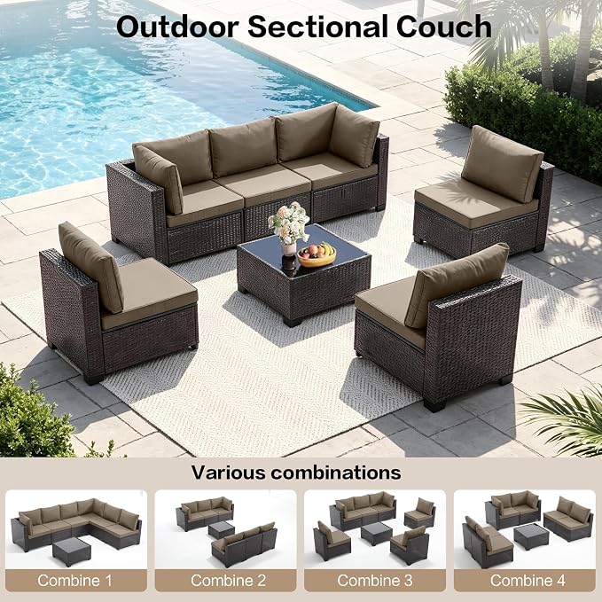 7-Piece Outdoor Patio Furniture Set, Brown PE Rattan Weaving Sofa with Dark Khaki Cushions and Steel Frame, Coffe Table Included, Outdoor Conversation Set