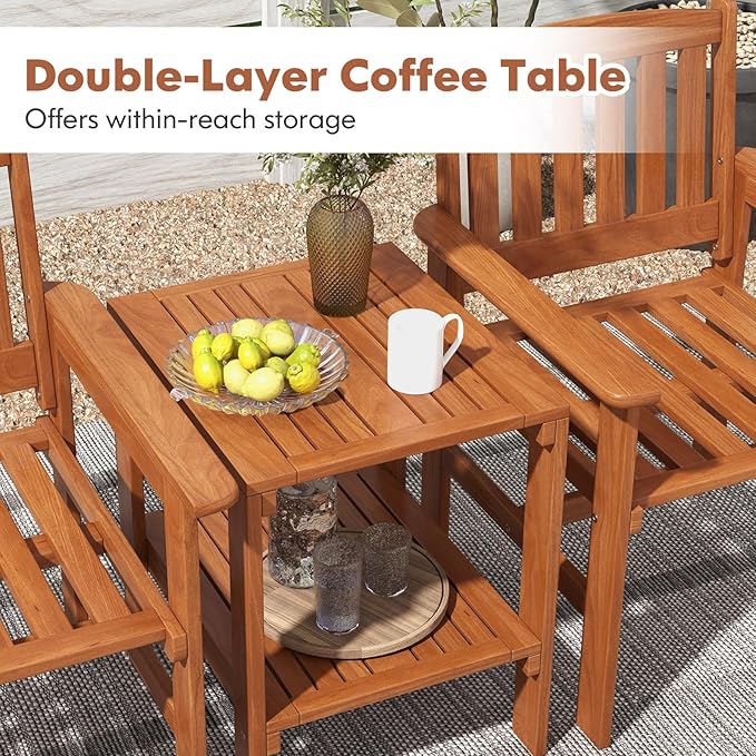 Tangkula 3 Piece Patio Conversation Set, Outdoor Wood Conversation Seat with Table and Umbrella Hole, Outdoor Furniture Set of 3 for Garden Poolside Backyard Balcony Porch